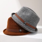 春秋羊毛礼帽出游女爵士帽英伦复古皮带扣羊绒针织卷边盆帽毛呢帽