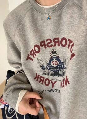 【现货】RL/拉夫 复古印花图案圆领卫衣女冬宽松休闲灰色百搭上衣