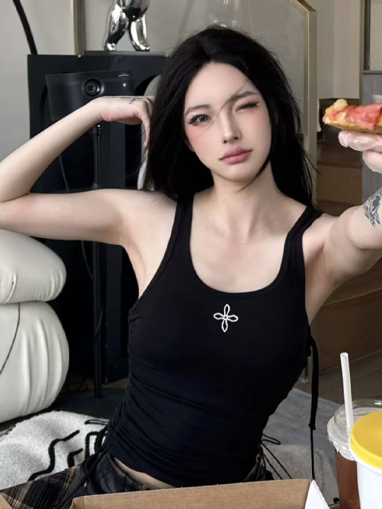 SMFK经典百叶窗背心弹力可调节抽绳打底衫十字花吊带短上衣女T恤