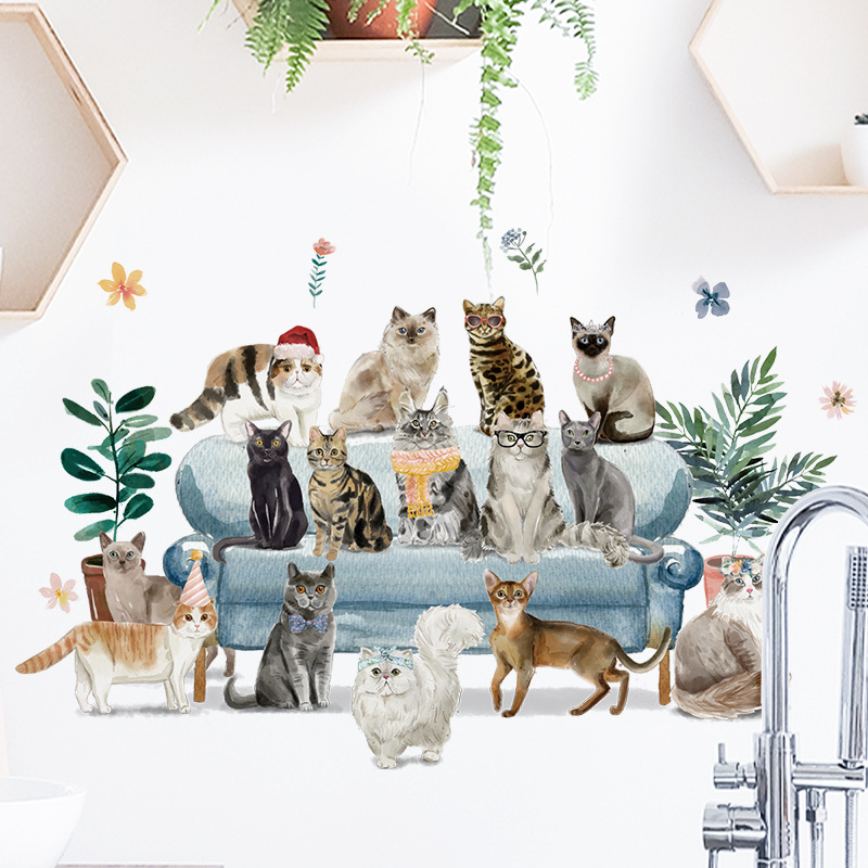 猫咪背景墙面装饰贴画儿童房宠物猫可移除墙贴画植物动物贴图片