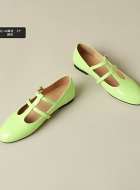 特大码翠绿色玛丽珍女44.45.46.47.48法式浅口小单鞋女夏平底皮鞋