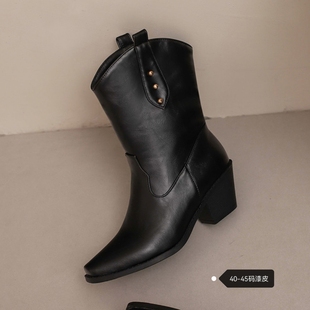 大码女靴41到43尖头粗跟短靴子特大号马丁靴大码43 44 45 46 47