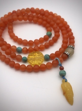 保山磨砂南红多圈手串橙色柿子红女蜜蜡绿松石 牙珠S925纯银隔珠