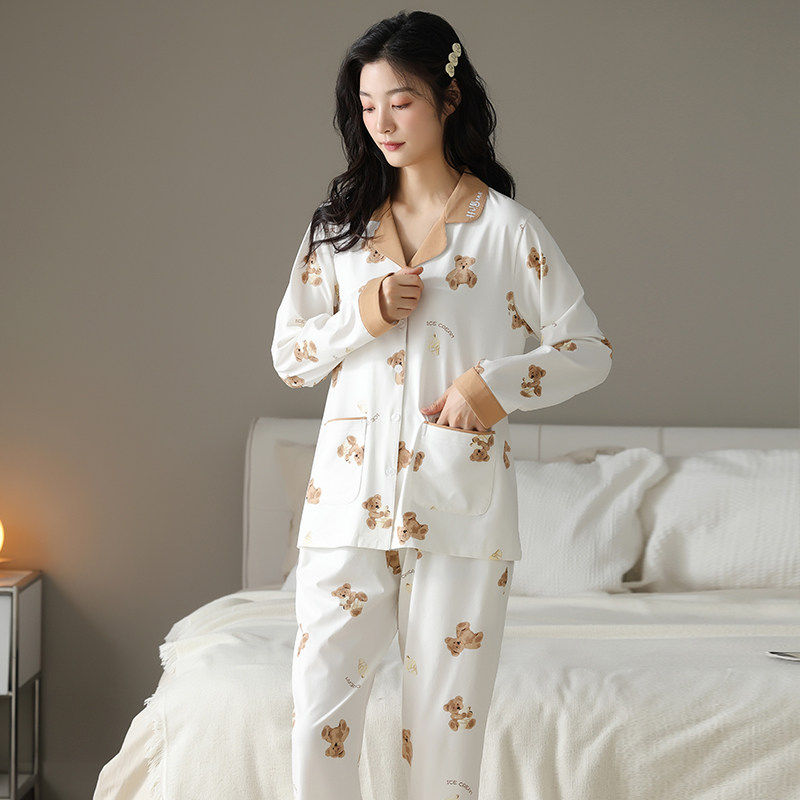 依泽兰纯棉小熊开衫女士睡衣套装