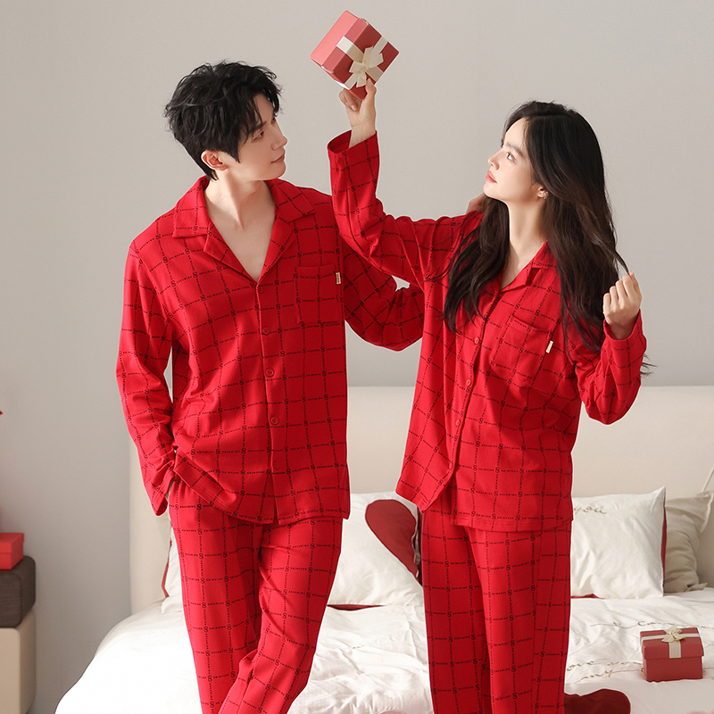2025年新款高品质纯棉情侣睡衣女秋季家居服套装男款可外穿新婚款