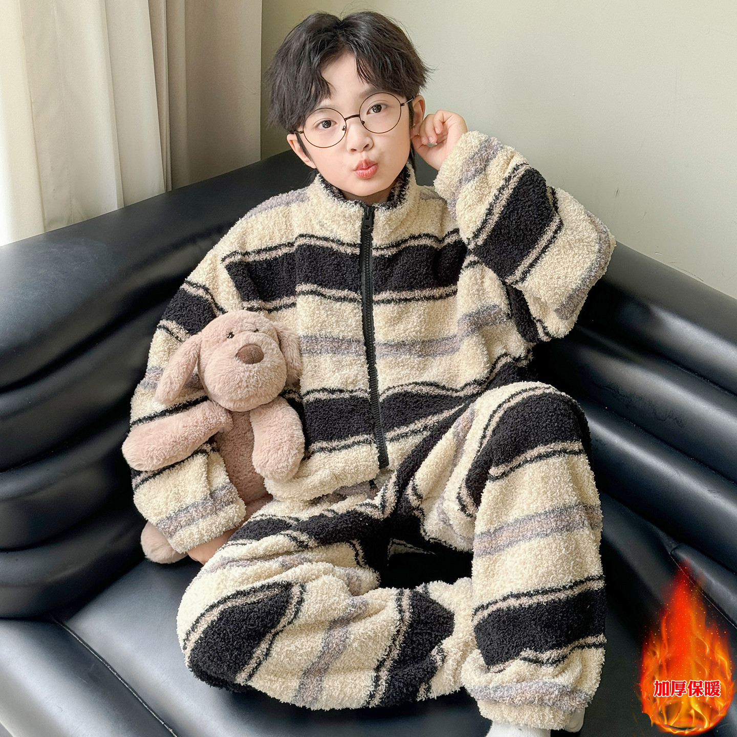 男童珊瑚绒睡衣套装秋冬季两件套