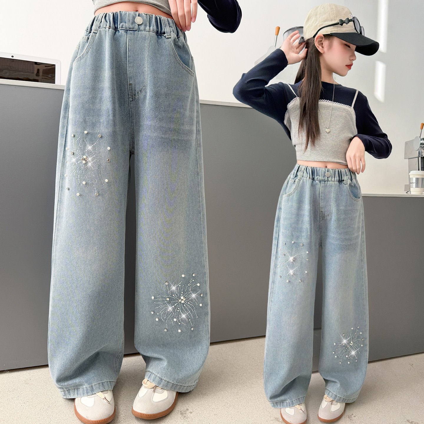 女童立体花朵烫钻牛仔裤春秋2026新款中大童亮片阔腿裤休闲裤子潮,童装/婴儿装/亲子装,裤子,淘宝优惠券,粉丝福利购,淘宝优惠卷