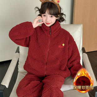 双面绒儿童睡衣男女孩2025新款秋冬季加厚可爱保暖家居服女童套装