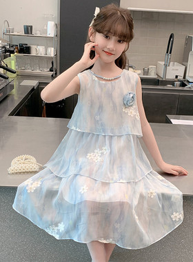 女童甜美无袖背心裙2026新款夏季蓝色花朵雪纺时尚洋气公主连衣裙