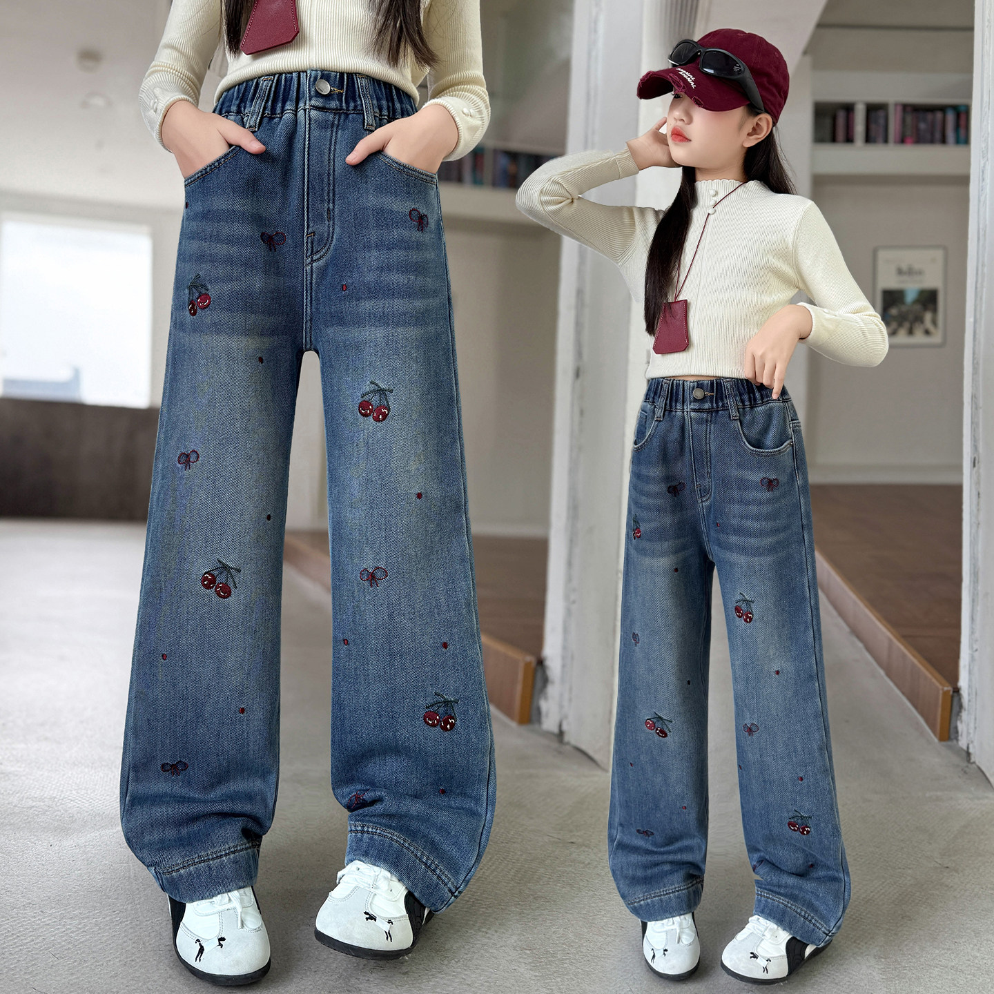 女童樱桃刺绣牛仔裤2026新款春秋百搭中大童高腰阔腿直筒裤春秋装