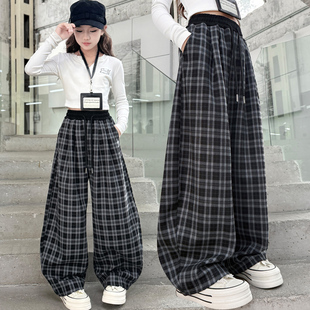 女童格子弯刀裤2026季春秋新款宽松阔腿长裤中大童时髦洋气休闲裤