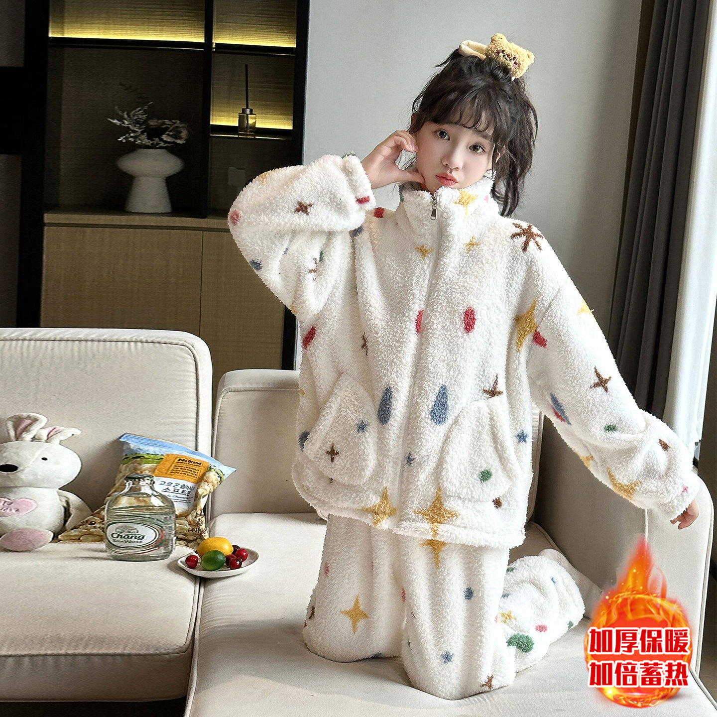 女童珊瑚绒睡衣秋冬季家居服套装