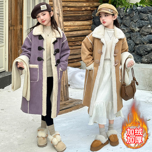 女童冬装皮毛一体长款外套2026款中大童女孩韩系休闲加厚皮毛大衣