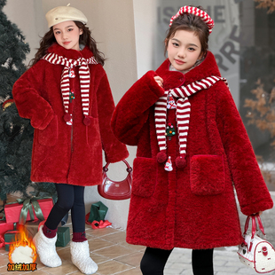 女童冬装加绒加厚连帽外套2025新款洋气时髦秋冬红色羊毛呢大衣潮