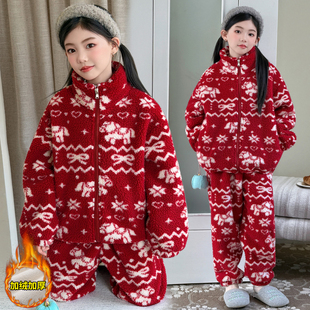 女童新年红小马可外穿家居服套装2026冬季加绒加厚睡衣红色两件套
