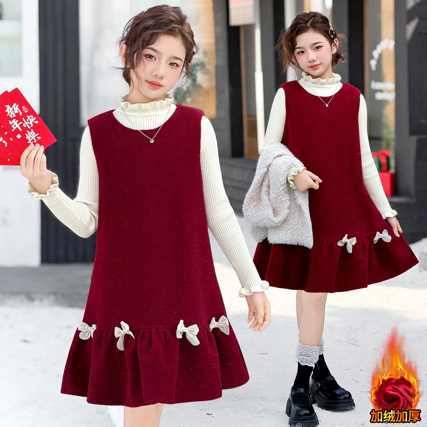 女童连衣裙加绒秋冬2025新款洋气中大童礼服儿童背心裙时髦洋气装