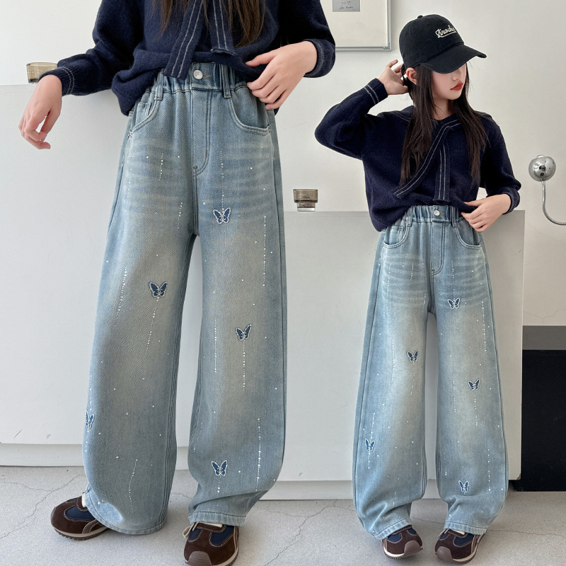 女童牛仔裤秋冬款2025新款阔腿裤