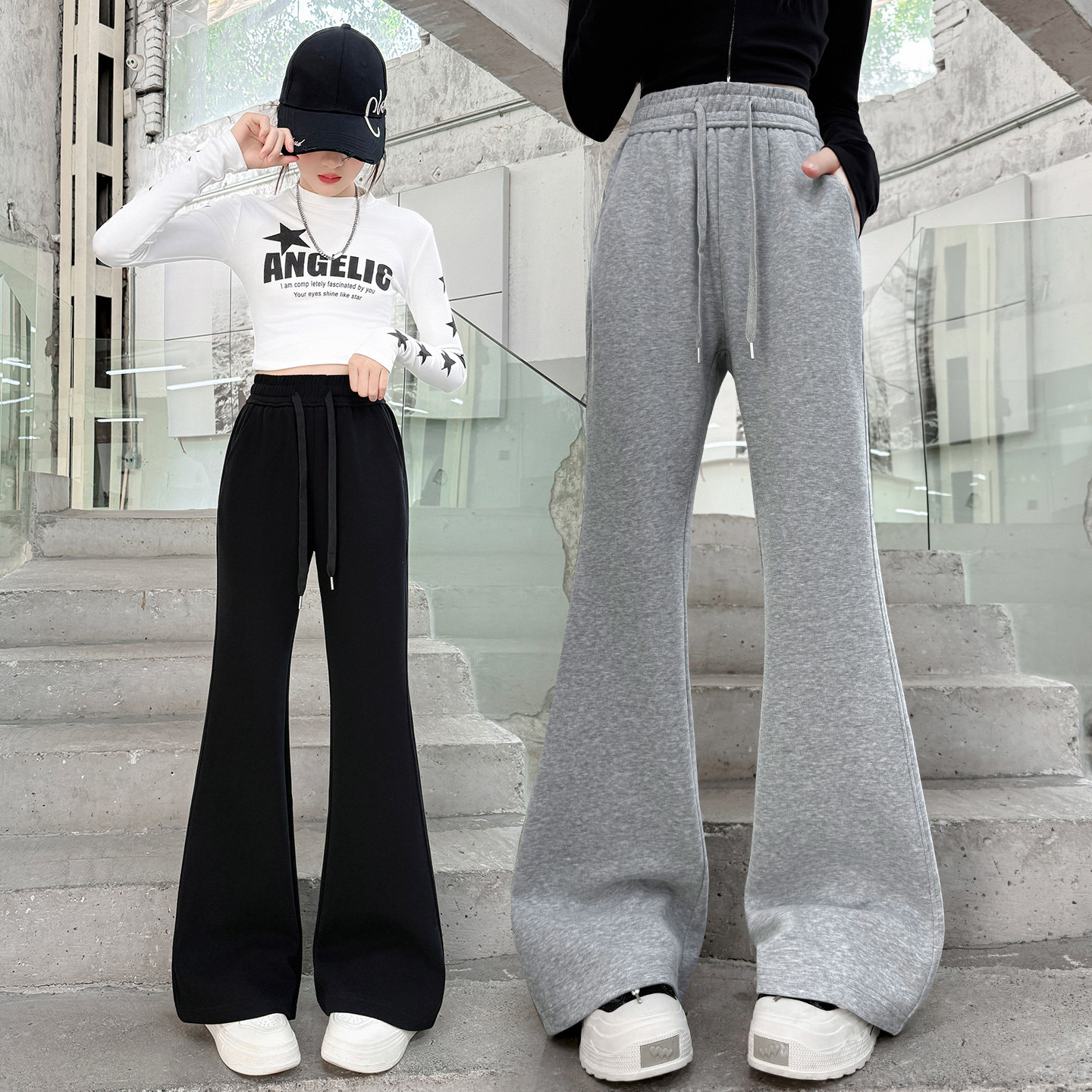 女童黑色喇叭裤春秋2026新款女孩针织微喇裤洋气休闲运动高腰长裤