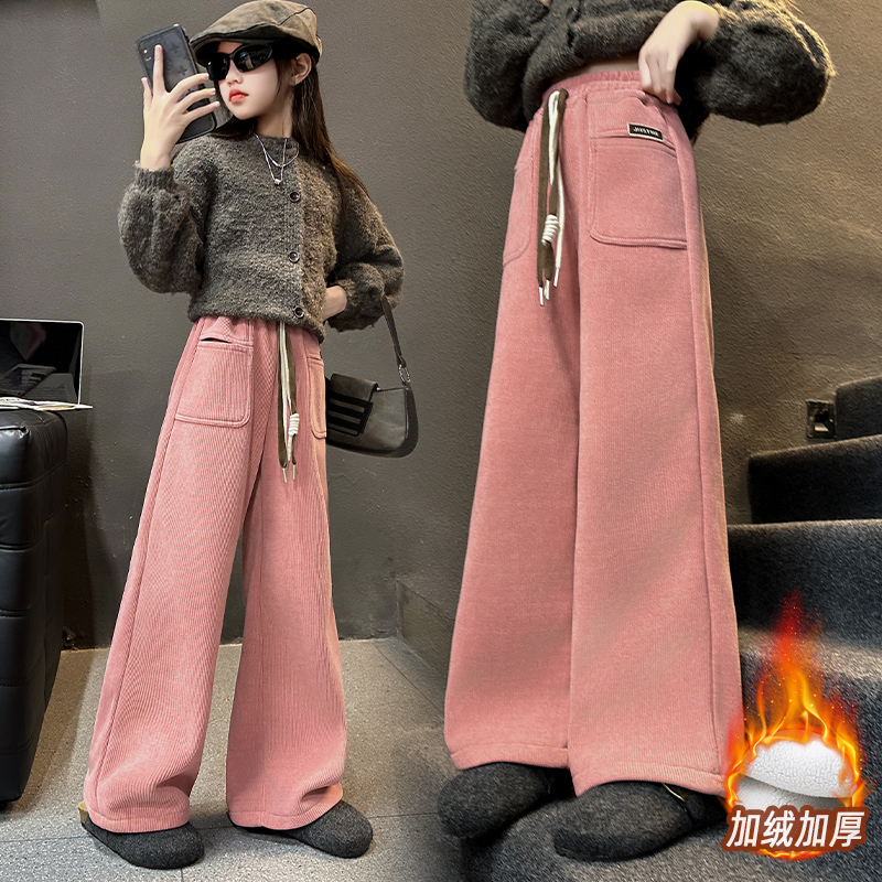 女童2025新款前口袋羊羔毛阔腿裤