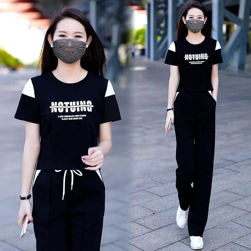 夏季运动套装女2026新款时髦洋气收腰显瘦短袖上衣阔腿裤两件套潮