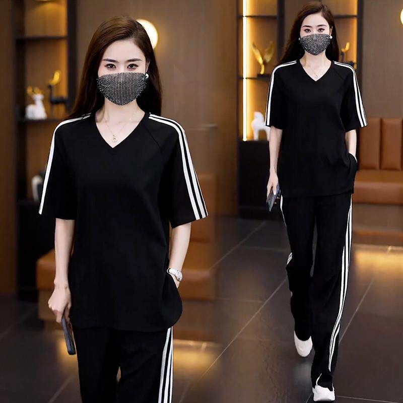 冰丝运动套装女2026夏季时尚宽松显瘦V领短袖阔腿裤休闲两件套潮