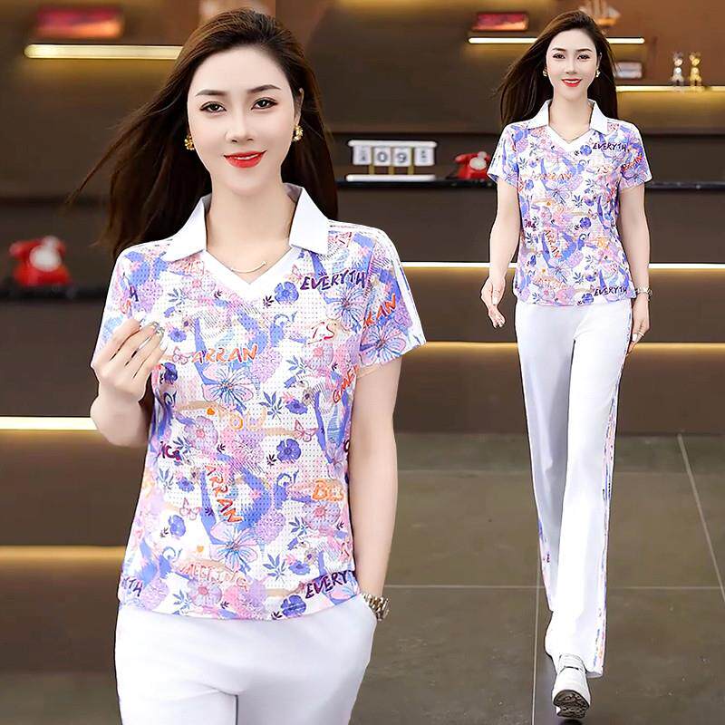 花色运动套装女夏2026新款洋气妈妈显瘦冰丝短袖休闲跑步服两件套