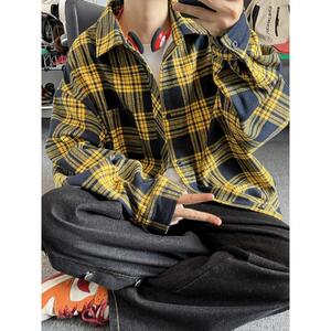 网图美式复古格子长袖衬衫男春季潮牌宽松休闲衬衣外套cs82 p35图片