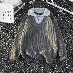美式复古翻领针织衫男春季撞色保暖毛衣潮my85 p52图片