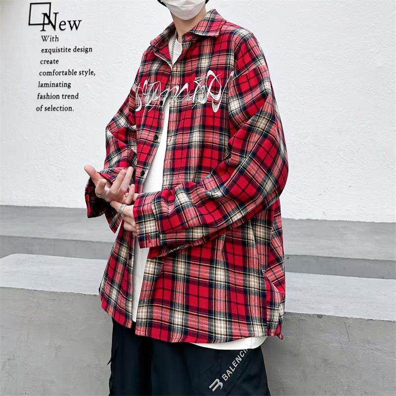 美式高街刺绣红色格子休闲衬衫男长袖潮牌百搭衬衣CS031 P40图片