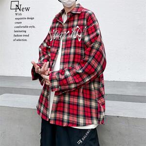 美式高街刺绣红色格子休闲衬衫男长袖潮牌百搭衬衣CS031 P40图片