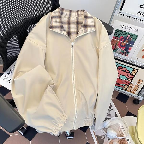 美式复古双面穿格子立领夹克男季潮牌宽松休闲外套jk9337p70,男装夹克,星座204-3