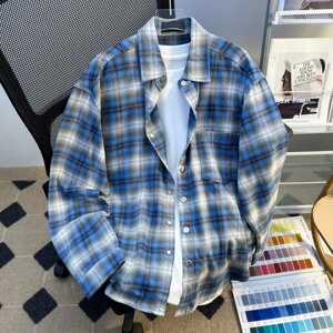 夏季复古磨毛格纹长袖衬衫男防晒休闲宽松格子衬衣潮cs28 p40图片