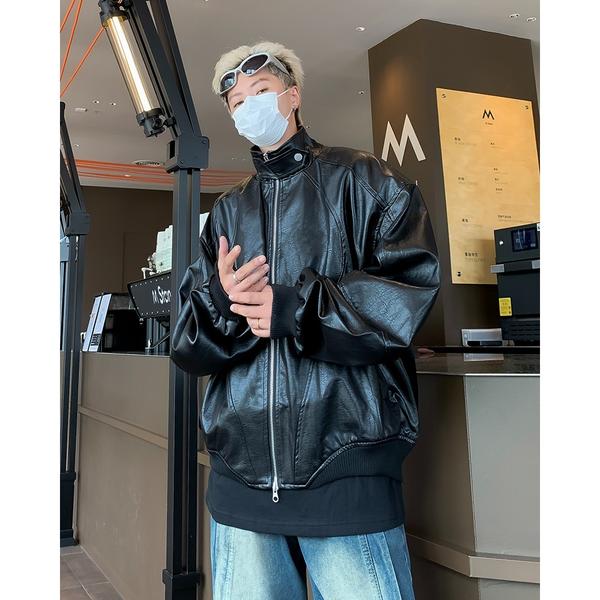 美式复古立领黑色pu皮机车服外套男潮流痞帅皮衣外套py172p60,男装皮衣,星座204-3
