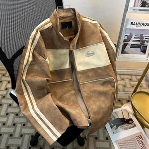 美式复古PU皮衣夹克男春季潮牌宽松休闲拼接立领外套py8547 py75图片