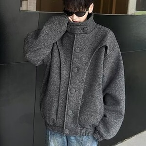 秋冬韩复古毛呢大衣男设计感韩版重磅解构立领外套ny3001 p110图片