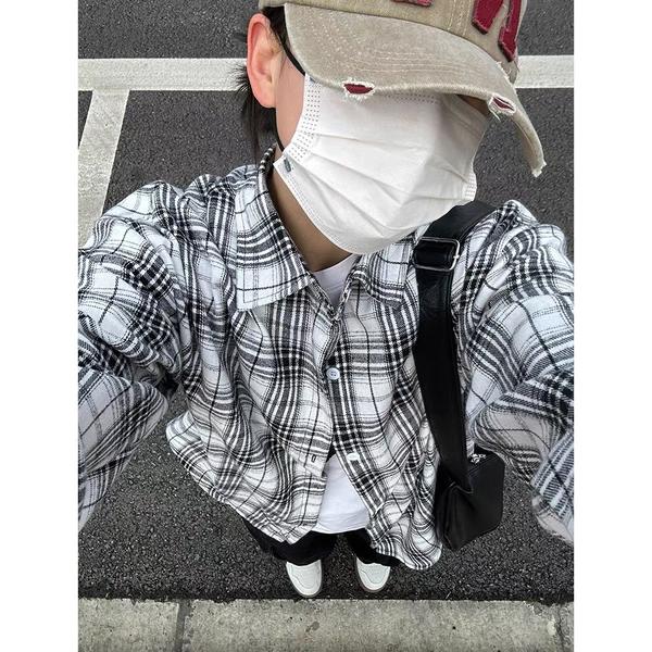 网图美式复古格子衬衫男春季潮牌宽松休闲衬衣外套cs322p37,男装衬衫,星座204-3