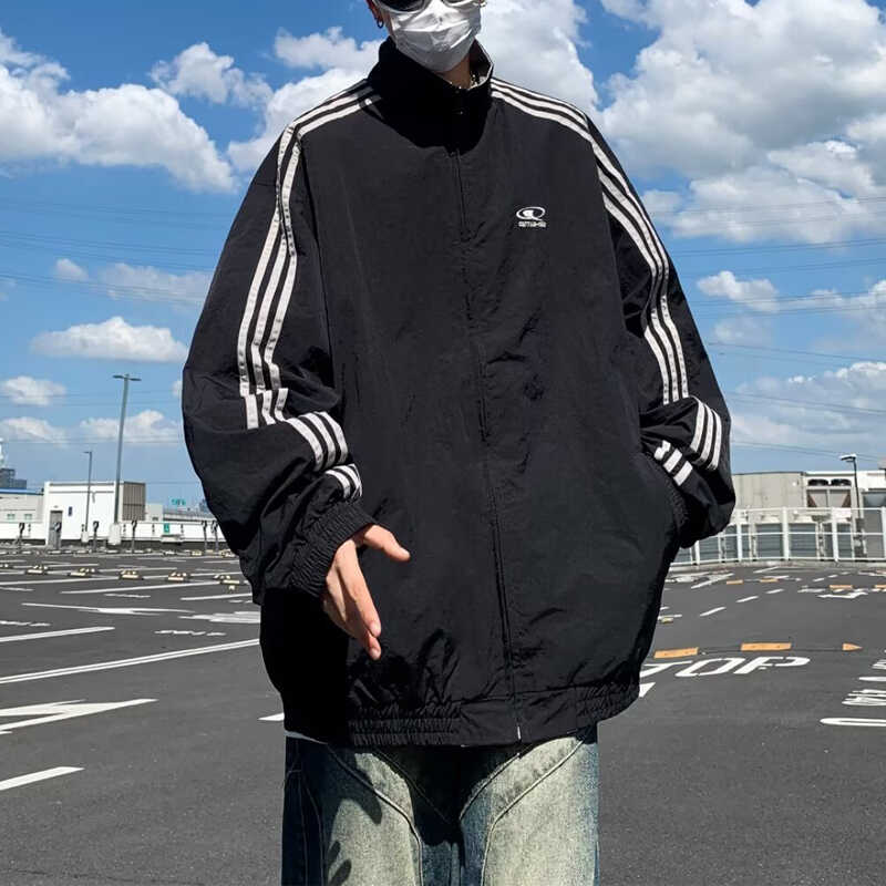 秋季潮流方领立领宽松双面穿三条杠外套男潮jk9323p75,女装短外套,星座204-3