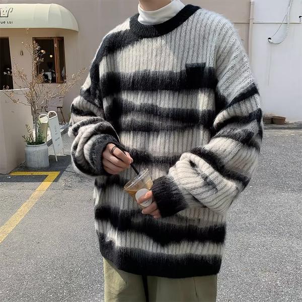 冬季圆领毛衣男撞色条纹慵懒风休闲宽松针织衫外套my9118p40,男装针织衫/毛衣,星座204-3
