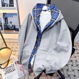 美式复古格子假两件连帽卫衣男春季潮牌宽松休闲外套wy889p65，女装短外套，星座204-3