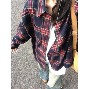 网图 夏季慵懒风格子防晒衬衫女宽松复古衬衣上衣cs72 p35图片