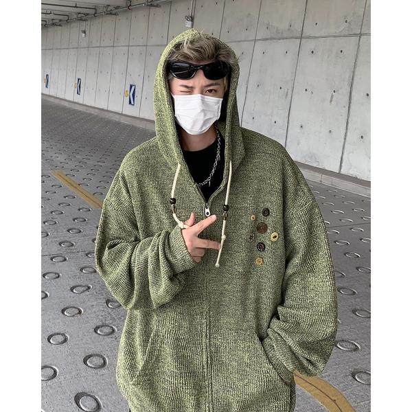 美式复古纽扣针织连帽外套男秋冬款潮牌宽松慵懒开衫my283p55，女装短外套，星座204-3