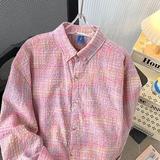 粉色泡泡纱格子衬衫男长袖秋季美式宽松情侣休闲衬衣cs314p35，男装衬衫，星座204-3