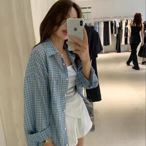 网图复古格子防晒衬衫外套女春季慵懒风宽松长袖上衣cs10 p35图片
