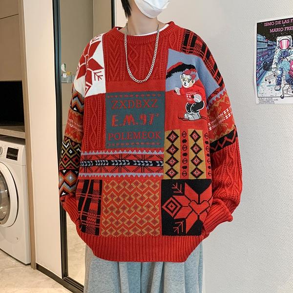 复古撞色加厚毛衣男秋冬宽松慵懒风圣诞节针织衫毛衣my90p52,男装针织衫/毛衣,星座204-3