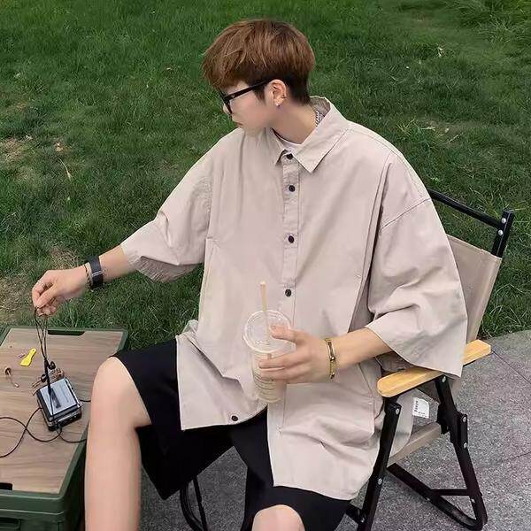 网图日系复古工装短袖衬衫男女夏季薄款宽松慵懒风衬衣dc599p30,男装T恤,星座204-3