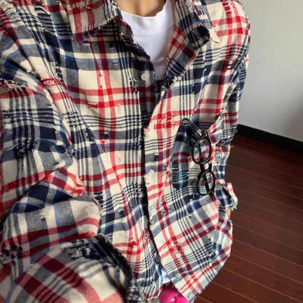 网图美式复古拼色格子长袖衬衫男女潮牌破洞休闲宽松cs3030p40，男装衬衫，星座204-3