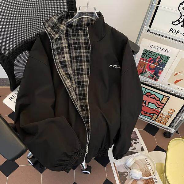 美式复古双面穿格子立领夹克男季潮牌宽松休闲外套jk9337p70，男装夹克，星座204-3