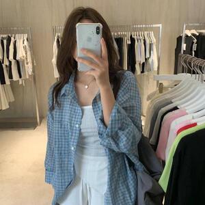 网图复古格子防晒衬衫外套女春季慵懒风宽松长袖上衣cs10 p35图片