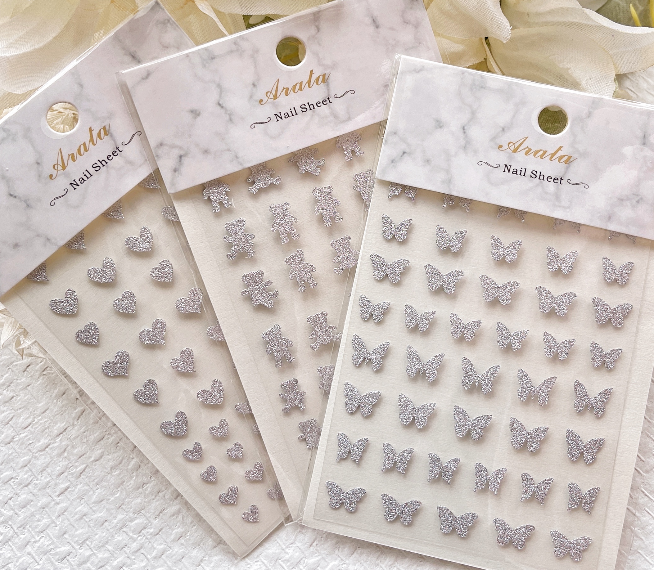 ARATA美甲贴纸 超闪碎钻闪银蝴蝶 小熊 心形爱心 指甲美甲贴纸