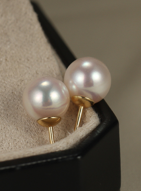 精选高品质akoya海水珍珠18k黄金耳钉正圆形强光日本天然珍珠耳环